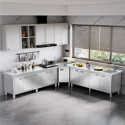 WWK 70" x 21" Stainless Steel Table with Cabinet, Commercial Kitchen Table for Prep & Work, Heavy Duty Work Cabinet with 5 Doors for Outdoor, Kitchen, Restaurant, Hotel, Garage and Cafe