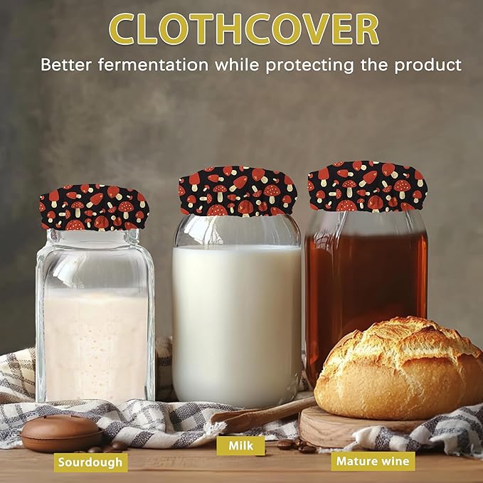 Sourdough Starter Jar Covers,5-Pack Reusable Red Mushrooms Cloth Lids for 3-4 Inch Jars,Ideal for Kombucha Kefir or Cheese Fermentation