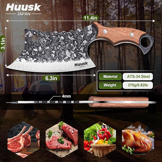 Huusk Japan Knife Hand Forged Meat Cleaver for Meat Cutting Creative Asian Knife for Vegetables Viking Knives with Sheath for Kitchen and Restaurant Use Gifts for Dad Christmas Gift