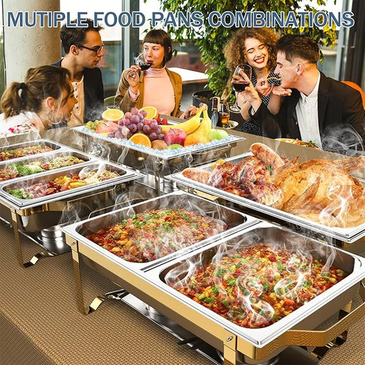 SIOTMERA 9QT Chafing Dishes for Buffet 4 Pack, Multiple Food Pans Thickened Stable Stainless Steel Chafing Dish Buffet Set, Rolled Edge Design Food Warmers for Party Catering Weddings, Gold and Silver