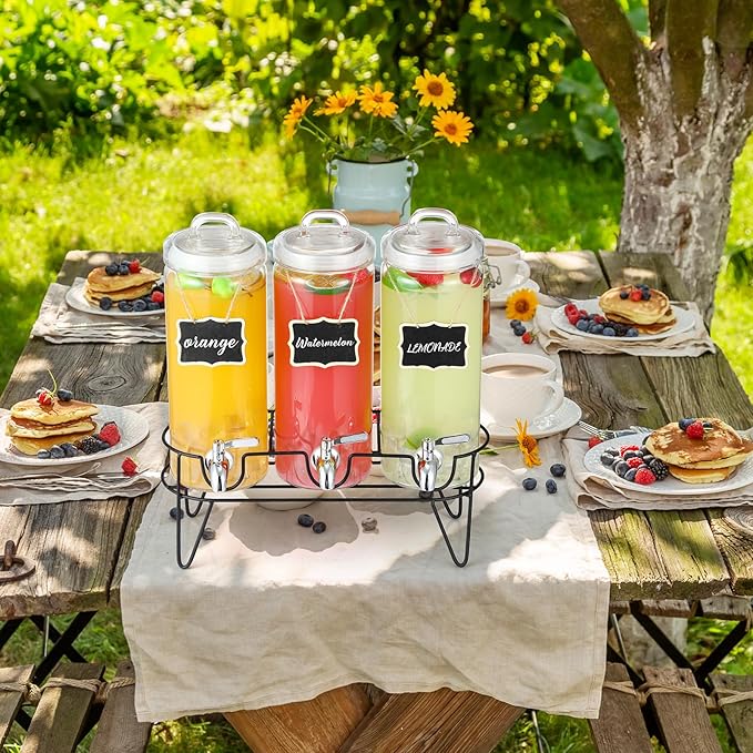 3 Pack 80 oz Tall Glass Drink Dispenser with Stand, Lid, Label and Stainless Steel Leakproof Spigot Beverage Water Dispenser Clear Mason Jar for Party Fridge(Round)