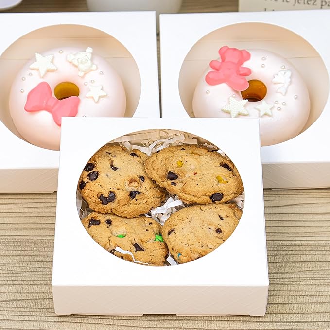 50pcs Individual Cookie Boxes with Window 4.3x4.3x1.2 Inches Small Soap Packaging Boxes Dessert Boxes Auto-Popup Gift Box Wedding Favor Boxes Small Gift Boxes for Single Cookie Pastry