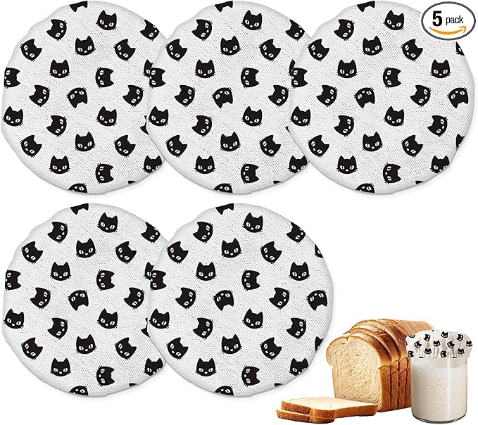 Black Cat Sourdough Starter Jar Covers Reusable,Breathable Fabric Lids for Mason Jars,Wide Mouth and Regular Mouth(5 Pack)