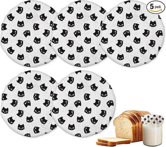 Black Cat Sourdough Starter Jar Covers Reusable,Breathable Fabric Lids for Mason Jars,Wide Mouth and Regular Mouth(5 Pack)