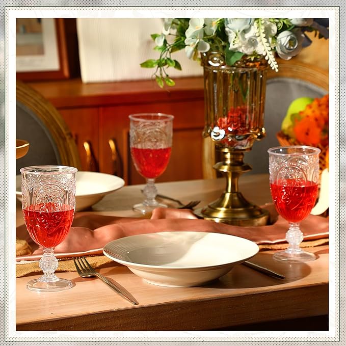 60 Pack Plastic Goblets 10oz Upgrade Vintage Water Goblet Plastic Wine Glasses Colored Retro Embossed Glassware for Party Wine Bar Juice Baby Shower Wedding Reception Grand (Clear)