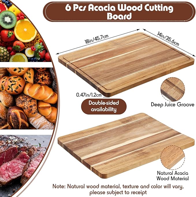 Nuogo 6 Pcs Large Acacia Wood Cutting Board 18 x 14 Inch Wooden Chopping Board with Juice Groove Reversible Wood Cutting Board Charcuterie Chopping Butcher Block for Kitchen Fruit Meat Veggies