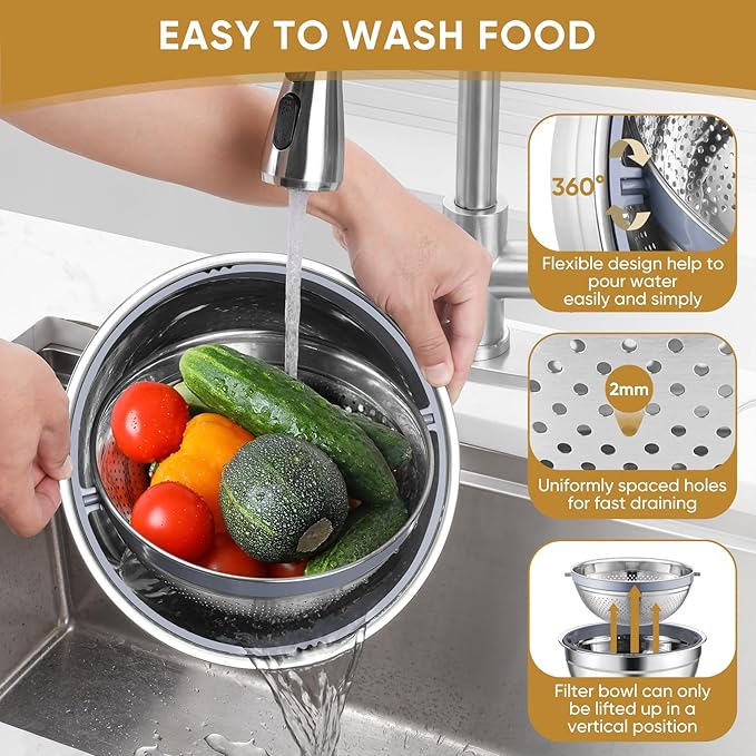 P&P CHEF Mixing Bowls with Lids Set of 3, Stainless Steel Mixing Bowl and Colander for Kitchen, 3 Grater Attachments & Non-Slip Bottoms, Visible & Airtight Lid, Khaki