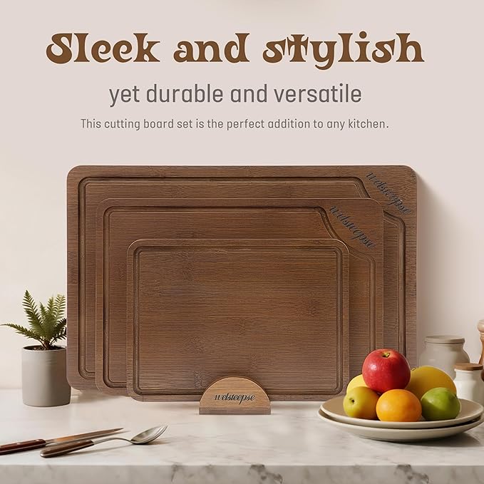 Extra Large Bamboo Cutting Board for Kitchen (Set of 3), with Deep Juice Grooves & Built-in Handles, Kitchen Gifts for Meat & Vegetables and Fruits, Durable Wood Cutting Boards with Holder
