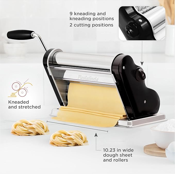 PASTALINDA Classic 260 Pasta Maker Machine, 26 cm Wide Rollers, 9 Thickness Positions, 2 Cutting Positions, Stainless Steel. Includes Reinforced Hand Crank And Two Clamps (Black)