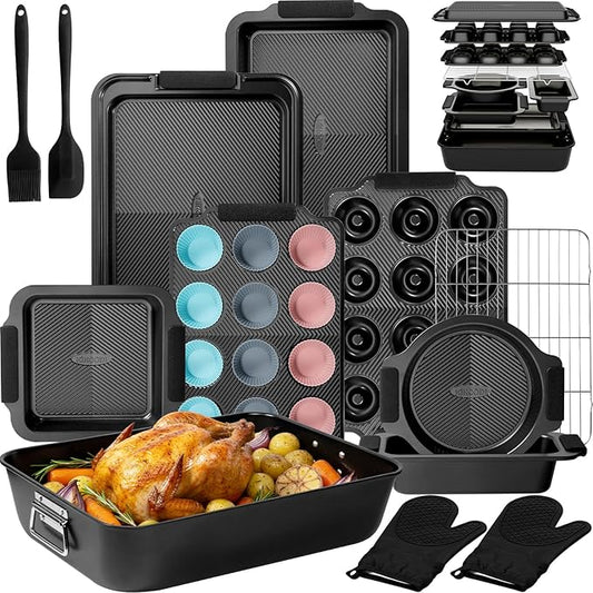 Kikcoin 25 PCS Stackable Baking Pans Set, Non-stick Bakeware Sets with Silicone Handles, 450°F Oven Safe Cookie Sheets for Baking, Easy Release Heavy-duty Baking Sheets Non Stick, Black