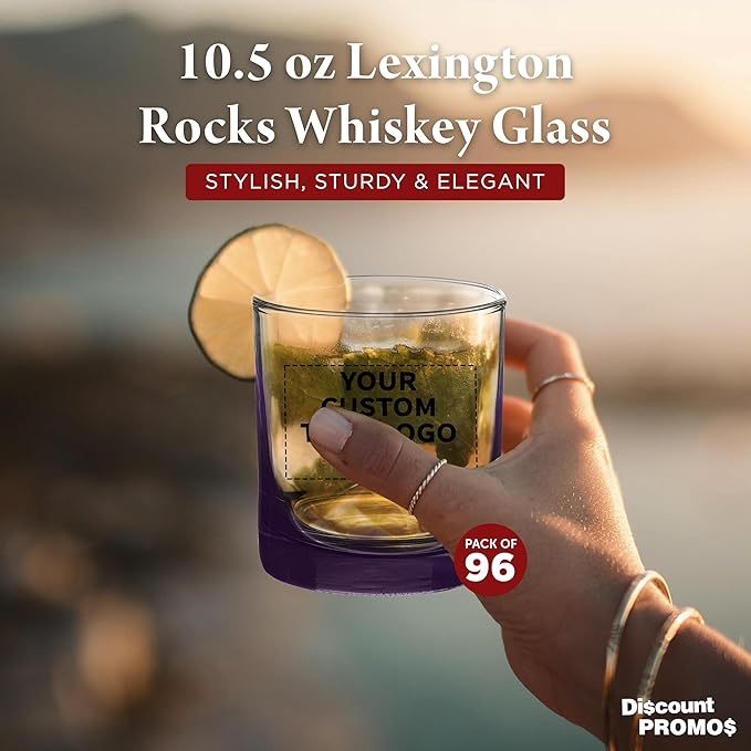 Custom Lexington Rocks Whiskey Glass 10.5 oz, Set of 96, Personalized Bulk Pack - Perfect for Scotch, Bourbon, Whiskey, Cocktail - Purple