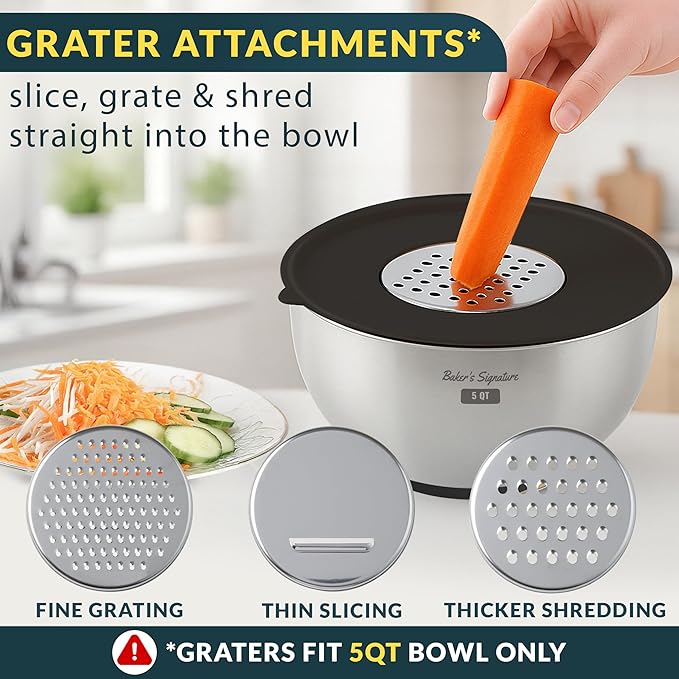 Stainless Steel Mixing Bowls with Lids Set, 5 Sizes, 3 Graters, Non-Slip Base, Airtight Lids, Metal Mixing Bowls for Kitchen, Food Prep, Storage, 0.63QT-5QT, Black
