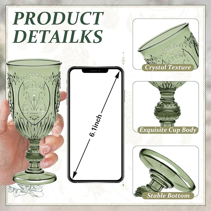 24 Pcs Plastic Goblets 7.5oz Vintage Goblet Plastic Wine Glasses Colored Retro Embossed Water Goblets for Wine Bar Juice Baby Shower Wedding Reception Grand Event Party (Olive Green)