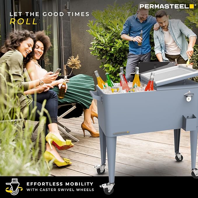 Permasteel 80 Quart Party Cooler, Rolling Ice Chest with Wheels and Handles for Indoor Outdoor Patio