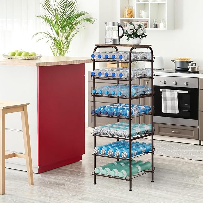 smusei Water Bottle Organizer 7 Tier Free Standing Water Bottle Storage Rack Metal Water Bottle Rack Shelf Large Capacity Bottled Water Holder Beverage Drink Stand for Kitchen Pantry Office, Brown