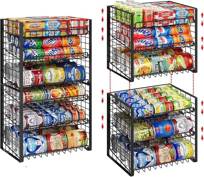 3 Tier Stackable Can Rack Organizer for Pantry, Adjustable Can Holder for Various Ounce of Canned Food Soup Goods Soda Drink, Rolling Tiered Can Dispenser for Kitchen Cupboard Cabinet, 2 Pack