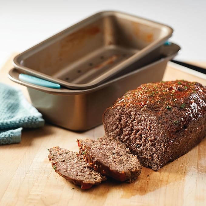 Rachael Ray 47578 Cucina Nonstick Bakeware Set with Grips Includes Nonstick Bread Pan, Baking Sheet, Cookie Sheet, Baking Pans, Cake Pan and Muffin Pan - 10 Piece, Latte Brown with Agave Blue Grips