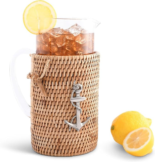Vagabond House Glass Carafe with Rattan Cover, Ocean-Inspired Table Centerpiece, Ice Tea Pitcher with Removable Glass Pitcher, Woven Wicker Style, Dishwasher Safe, Perfect for Beach House Summer Party