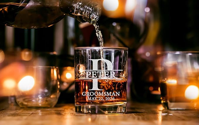 Set Of 8, Personalized Whiskey Glass For Groomsman Gifts, Best Man, Groom, 11oz Old Fashioned Custom Monogrammed Whiskey Glass