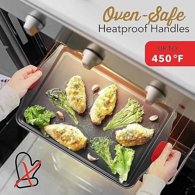 Baking Sheet Set, 3-Piece Cookie Sheet Set with Silicone Handles, Steel Baking Pans Set, Durable Baking Sheets for Oven, BPA Free Cookie Sheets for Baking Nonstick Set, Sheet Pan - Black Baking Pan