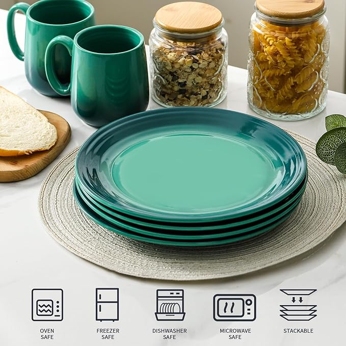 HASENSE Ceramic Dinner Plates Set of 4, 10 Inch Premium Dinnerware Dishes, Salad Serving Plates Elegant & Durable, Oven, Microwave & Dishwasher Safe,Perfect for Family and Entertaining,Gradient Green