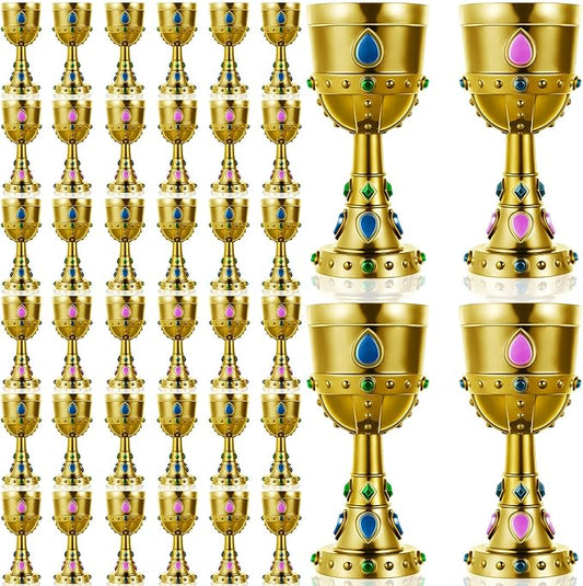 Suclain 40 Pcs Medieval Molded Crown Goblets 8 oz Gold Jeweled chalice Vintage Plastic Goblet King Queen Party Chalice Medieval Party Decorations for Carnival Drinking Supplies