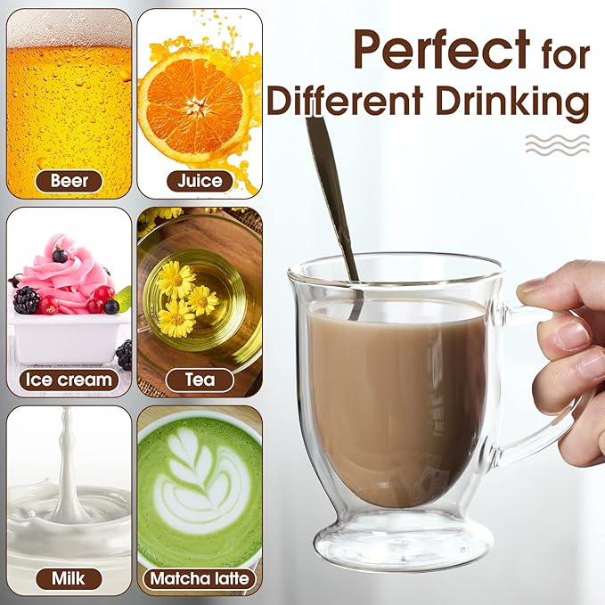 Gejoy 6 Sets Double Wall Glass Coffee Mugs with Spoon Insulated Clear Coffee Mug with Handle Borosilicate Glass Coffee Cups Latte Cup for Cappuccino, Tea, Latte, Espresso, Hot Beverage(16 OZ)