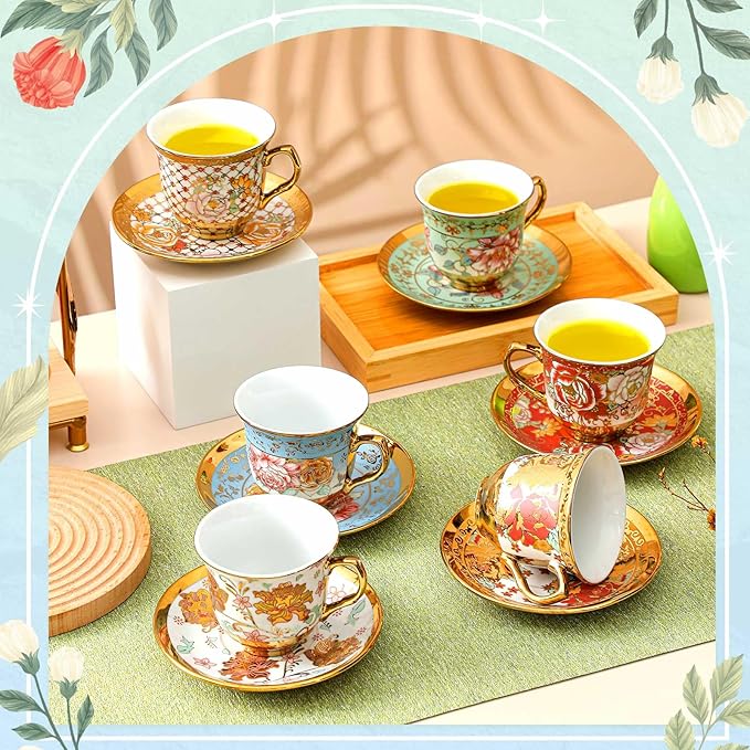 Set of 6 Tea Cups and Saucers Tea Party Decorations Floral Porcelain 5.4 oz British Gift for Women Birthday Party, Church, and Mother's Day (Stylish Style,5.4 oz)