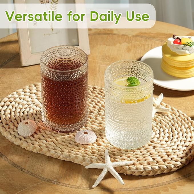 Moretoes Hobnail Drinking Glasses Set of 12,12 Oz Highball Glasses Clear Embossed Boho Water Glass Cups Kitchen Bar Tumbler Glassware Set for Whiskey, Beer, Juice, Milk and Various Mixed Drinks