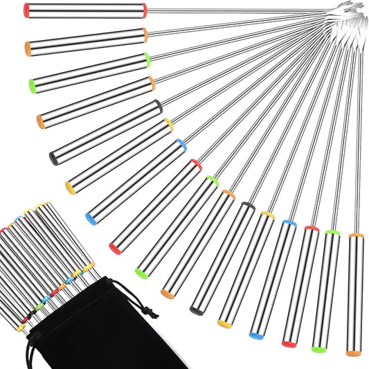 18 PCS Fondue Forks Stainless Steel,9.3inch Color Coding Cheese Fondue Forks with Heat Resistant Handle,Fondue Sticks for Chocolate Fountain Dessert Meat Barbecue Roast Marshmallows,6 color