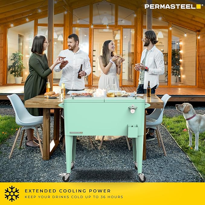 Permasteel 80 Quart Party Cooler, Rolling Ice Chest with Wheels and Handles for Indoor Outdoor Patio