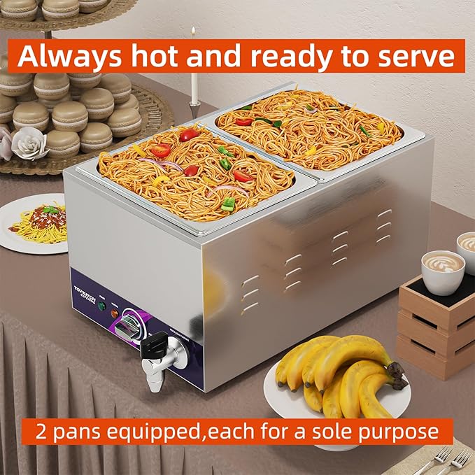 2-Pan Commercial Food Warmer with Non-Leakage Stretch-Forming Water Tank &2 of 1/2 Size GN Pan,Countertop Soup Station Bain Marie with Drain Tap for Buffet,Catering,Parties and Restaurants