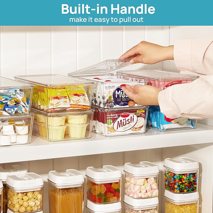 Vtopmart 12pcs Clear Organizers and Storage Bins with Lids, Stackable Plastic Storage Containers with Handles for Fridge, Freezer, Pantry, Cabinet, Kitchen Organization