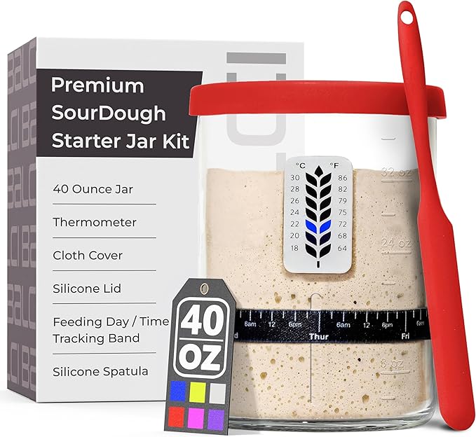 Premium Sourdough Starter Jar - 40oz Large Sourdough Jar with Marked Feeding Band, Thermometer, Scraper, Cloth Cover and Silicone Lid/Base, Wide Mouth Starter Kit - Red