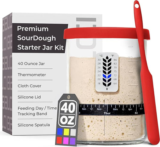 Premium Sourdough Starter Jar - 40oz Large Sourdough Jar with Marked Feeding Band, Thermometer, Scraper, Cloth Cover and Silicone Lid/Base, Wide Mouth Starter Kit - Red
