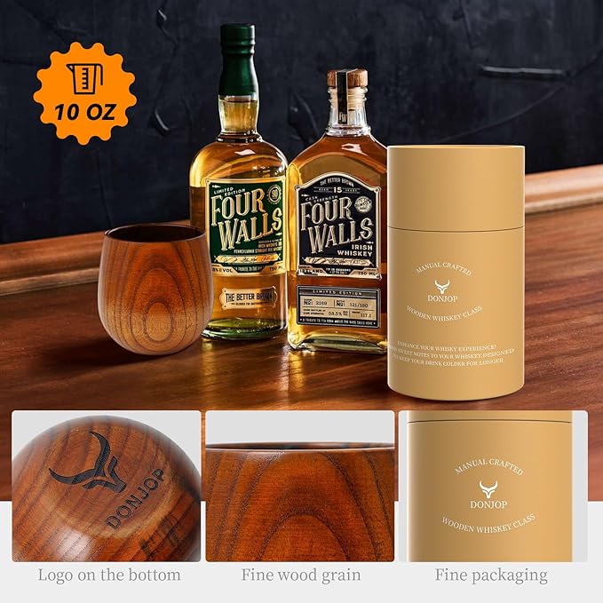 Original Wooden Bourbon Drinking Glass,Handcrafted Whiskey Glasses for Men,Great Anniversary Birthday Gifts for Men, Him, Dad, Husband, or Brother 10OZ 1 PACK