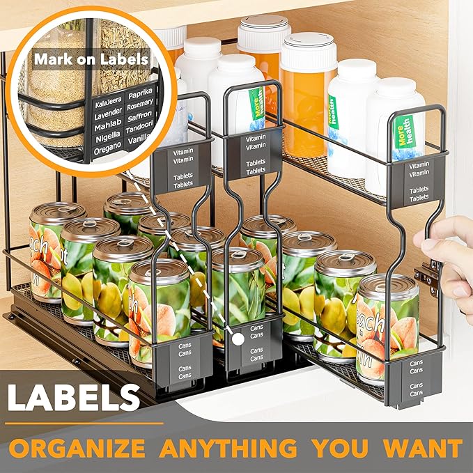 SpaceAid Pull Out Spice Rack Organizer for Cabinet, Heavy Duty Slide Out Seasoning Kitchen Organizer, Cabinet Organizer, with Labels, 7.7" W x10.75 D x10 H, 3 Drawers 2-Tier