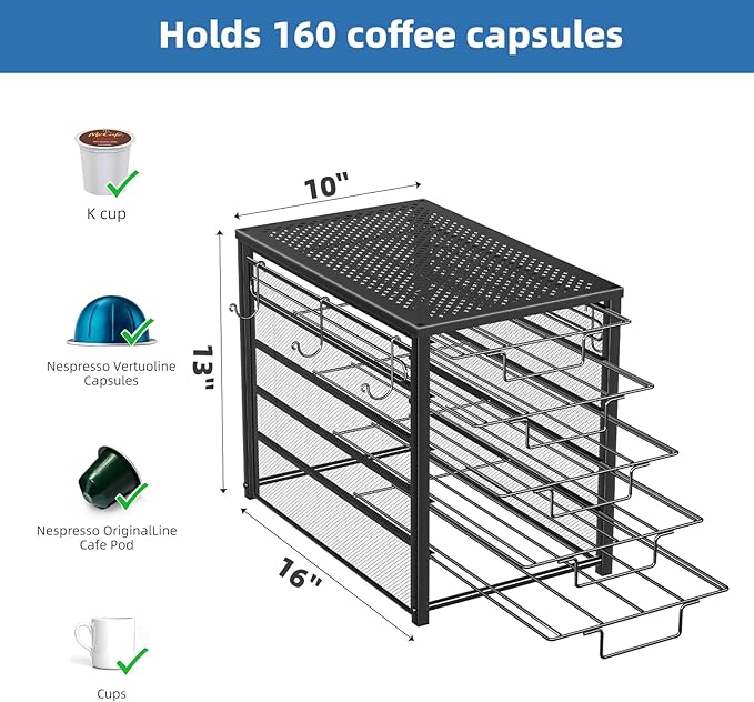 Simple Trending 5 Tier Coffee Pod Holder for K Cup, 160 Pod Pack Capacity Rack, Metal, Black