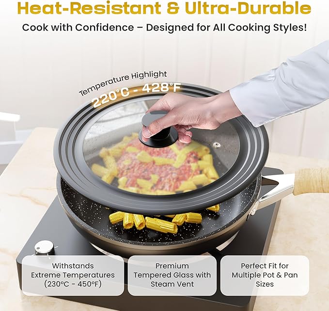 LSR Loreso Universal Pan Lid for Pots Pans and Skillets 7.5-11.5 Inch - Tempered Glass Pot Lid Set with Auto-Sizing Silicone Rim, 2 Pack Grey