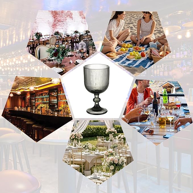 24 Pcs Vintage Wine Glasses, 11 Ounces Colored Glass Water Goblets, Unique Embossed Pattern High Clear Stemmed Glassware Wedding Party Bar Glass Drinking Cups Fancy Glasses Vertical Line Grey Set