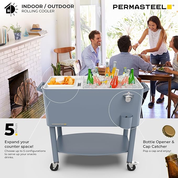 Permasteel 80 Quart Party Cooler, Rolling Ice Chest with Wheels and Handles for Indoor Outdoor Patio