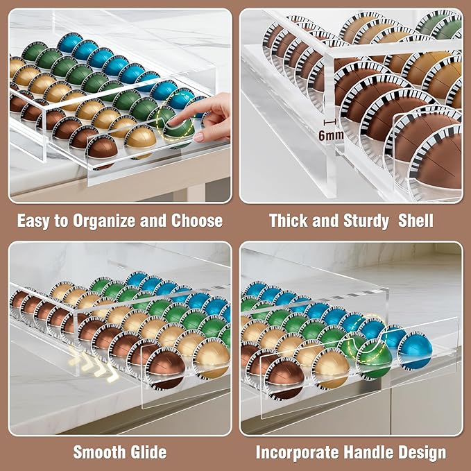 Acrylic Coffee Pod Holder Storage Drawer, Clear 40 Pods Coffee Capsule Organizer for Countertop, Pod Holder for Coffee Pod and Espresso Machines