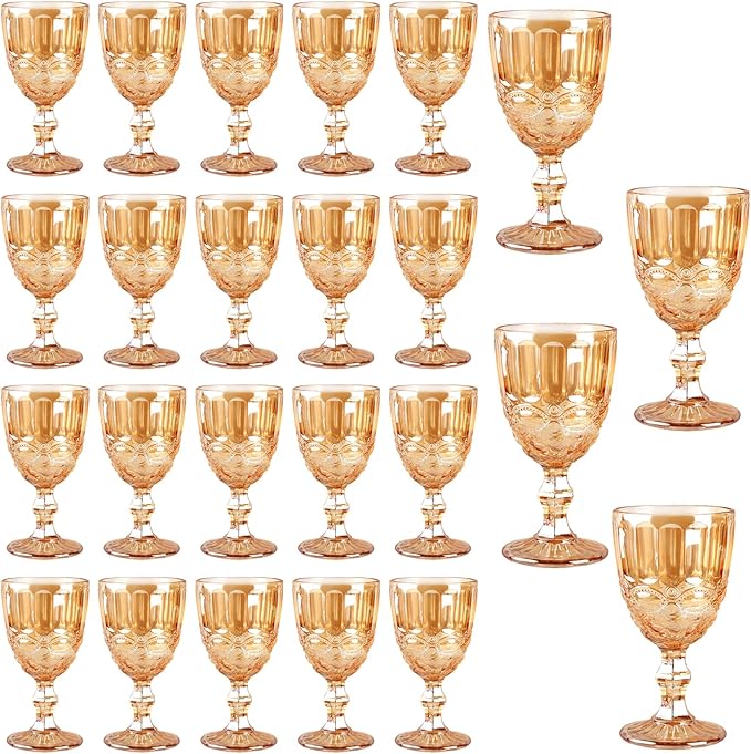 24 Pcs Vintage Wine Glasses, 10 Ounces Colored Glass Water Goblets, Unique Embossed Pattern High Clear Stemmed Glassware Wedding Party Bar Glass Drinking Cups, Floral Amber Glasses Set of 24
