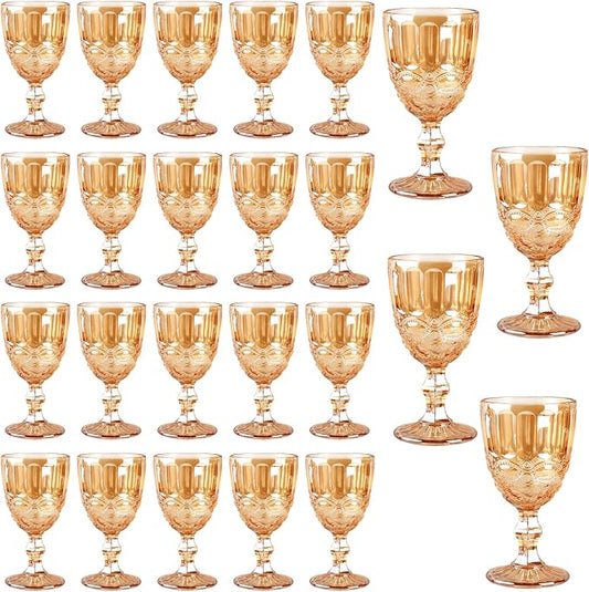 24 Pcs Vintage Wine Glasses, 10 Ounces Colored Glass Water Goblets, Unique Embossed Pattern High Clear Stemmed Glassware Wedding Party Bar Glass Drinking Cups, Floral Amber Glasses Set of 24