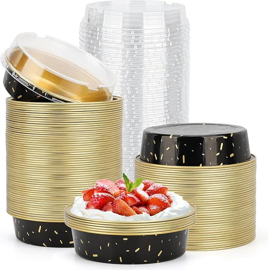 Beasea Mini Aluminum Pie Pans with Lids, 100 Pack 4” 8oz Black Gold Baking Pie Foil Tins Small Round Tart Cups Containers for Individual Cupcake Muffin Cheesecake Dessert Ramekins Quiche Oven Dishes