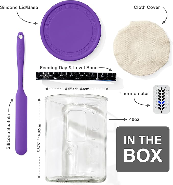 Premium Sourdough Starter Jar - 40oz Large Sourdough Jar with Marked Feeding Band, Thermometer, Scraper, Cloth Cover and Silicone Lid/Base, Wide Mouth Starter Kit - Purple