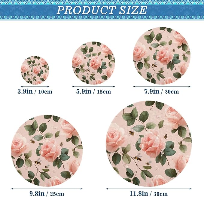 5 Pcs Bowl Covers Reusable in 5 Size Elastic Food Cover Cloth Lids Fresh Keeping Dish Cookware Bakeware Fabric Covers Lids for Food Leftovers Fruits Storage Pastel Pink Rose and Honeybees