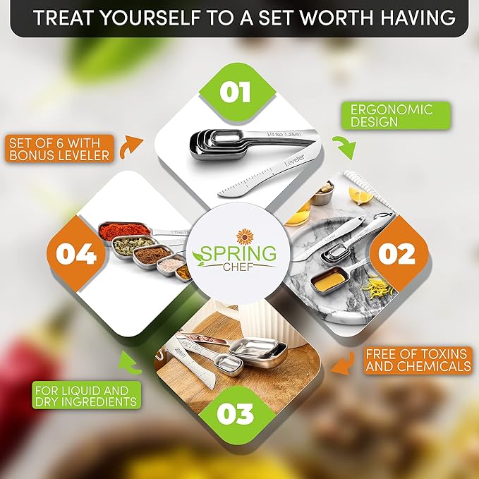 Spring Chef Stainless Steel Measuring Spoons Set of 6 with Leveler, Rectangular Metal Teaspoon & Tablespoon Measuring Spoons for Dry & Liquid Ingredients - Nesting Kitchen Gadgets For Baking & Cooking