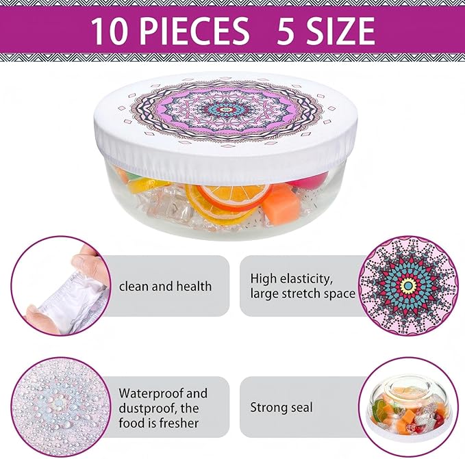 Patelai 10 Pcs Bowl Covers Reusable in 5 Size Stretch Cloth Fabric Elastic Food Storage Bowl Covers Bread Sourdough Lids for Proofing Food Fruits Leftover(Retro Style)