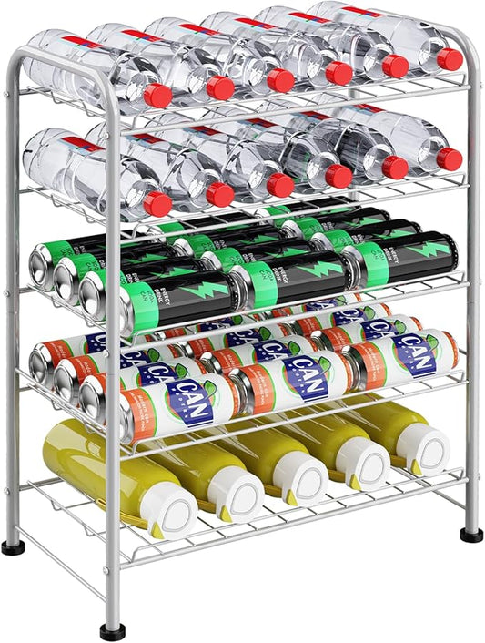 Water Bottle Holder Organizer 5 Tier Water Bottle Storage Rack, Freestanding Floor Beverage Soda Can Dispenser Organizer Rack for Pantry, Kitchen Countertop, Cabinet, Office, Hold 30 Bottles, Silver